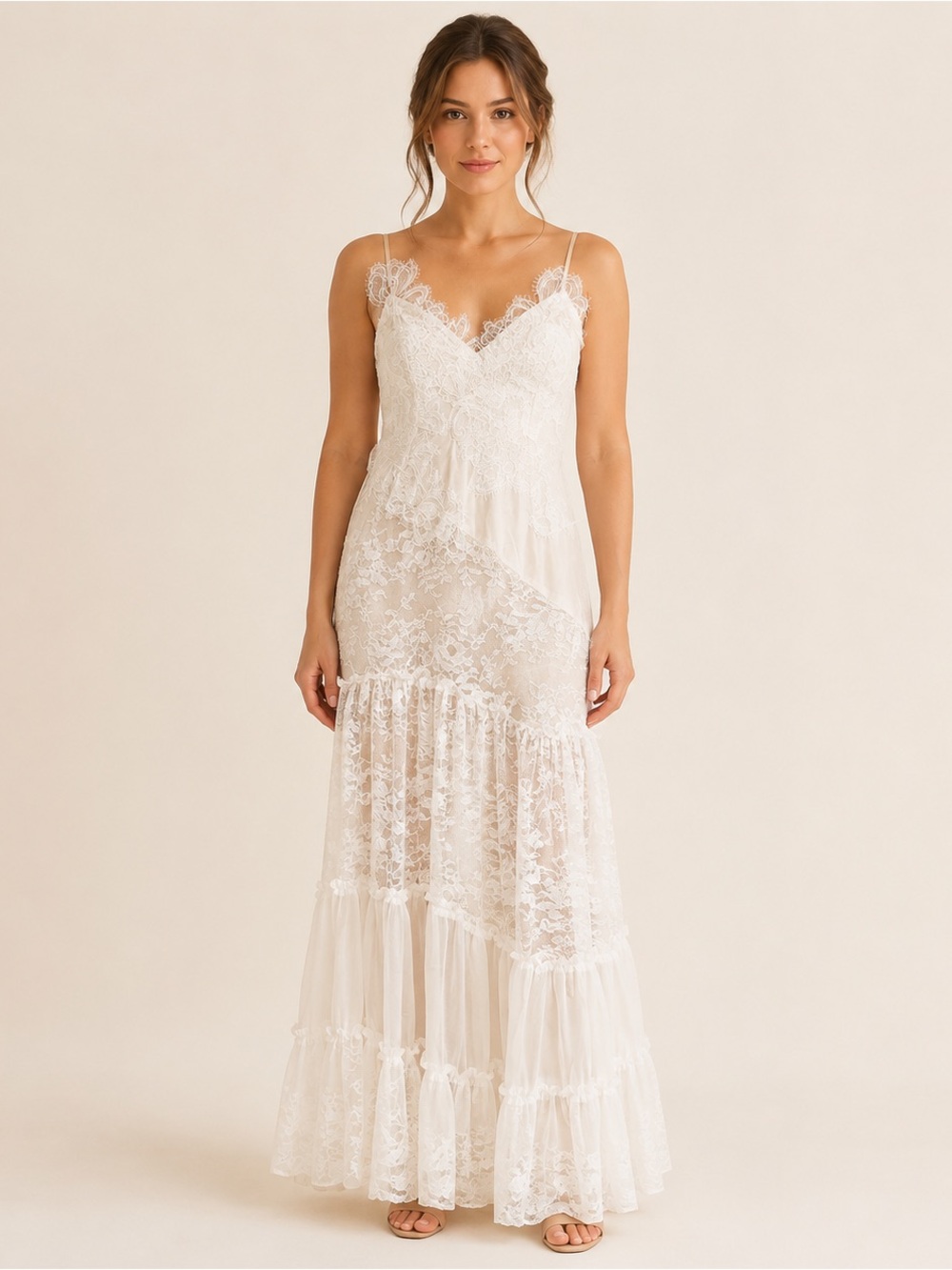 Romantic Ivory Eyelash Lace Tiered Maxi Dress Size Small NWT